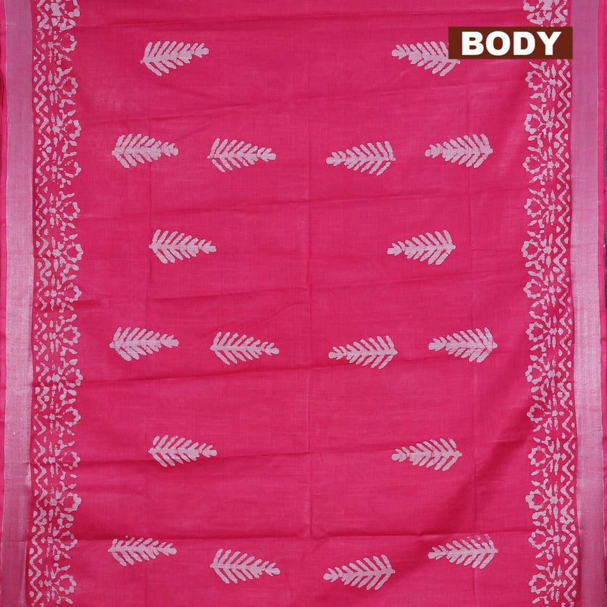 Linen cotton saree pink with allover batik butta prints and silver zari woven border