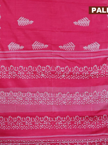 Linen cotton saree pink with allover batik butta prints and silver zari woven border