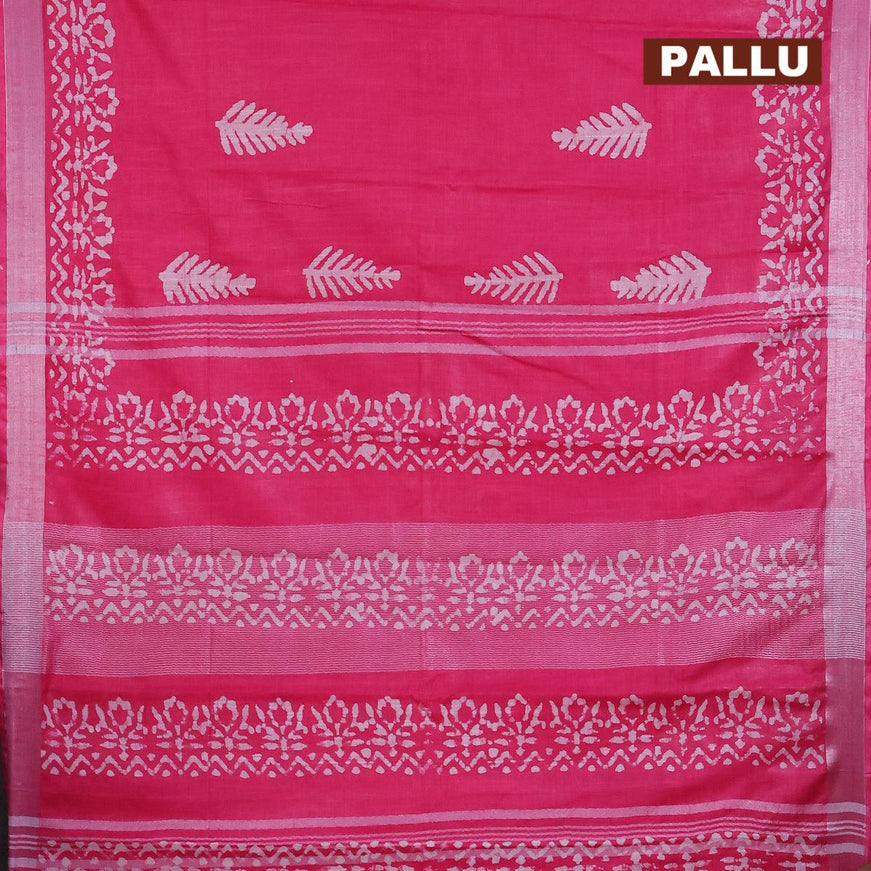 Linen cotton saree pink with allover batik butta prints and silver zari woven border