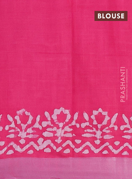 Linen cotton saree pink with allover batik butta prints and silver zari woven border