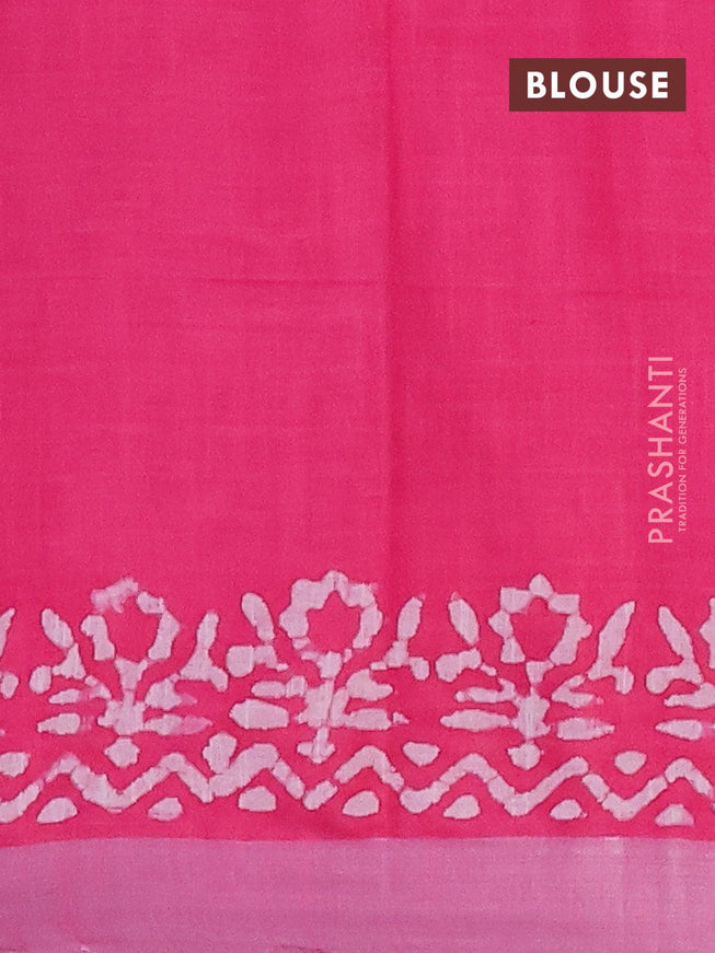 Linen cotton saree pink with allover batik butta prints and silver zari woven border