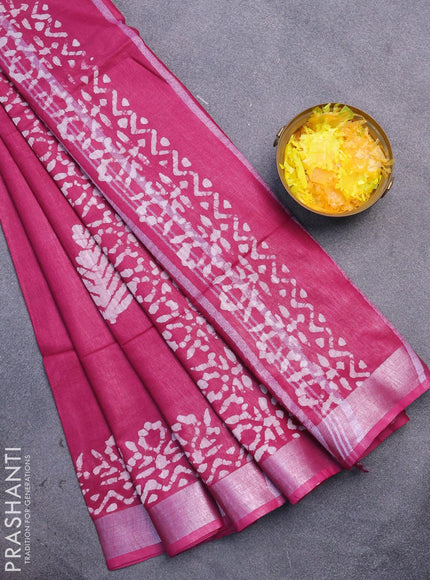 Linen cotton saree dark magenta with allover batik butta prints and silver zari woven border