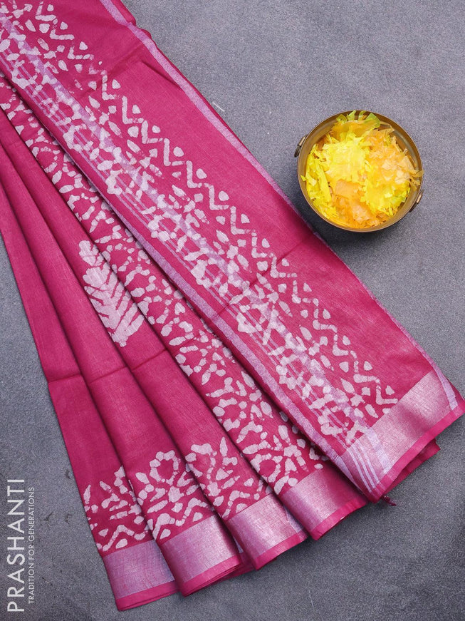 Linen cotton saree dark magenta with allover batik butta prints and silver zari woven border