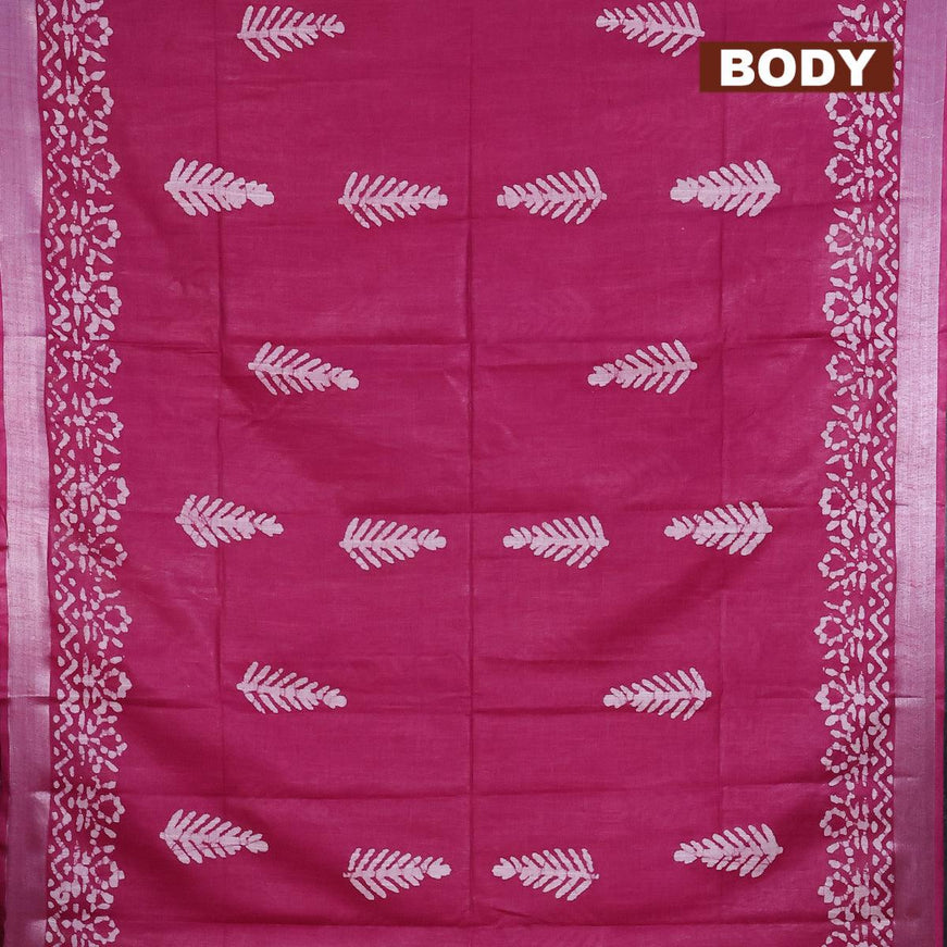 Linen cotton saree dark magenta with allover batik butta prints and silver zari woven border