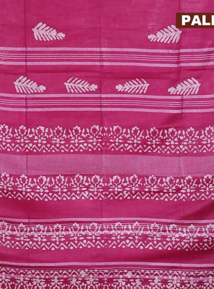 Linen cotton saree dark magenta with allover batik butta prints and silver zari woven border