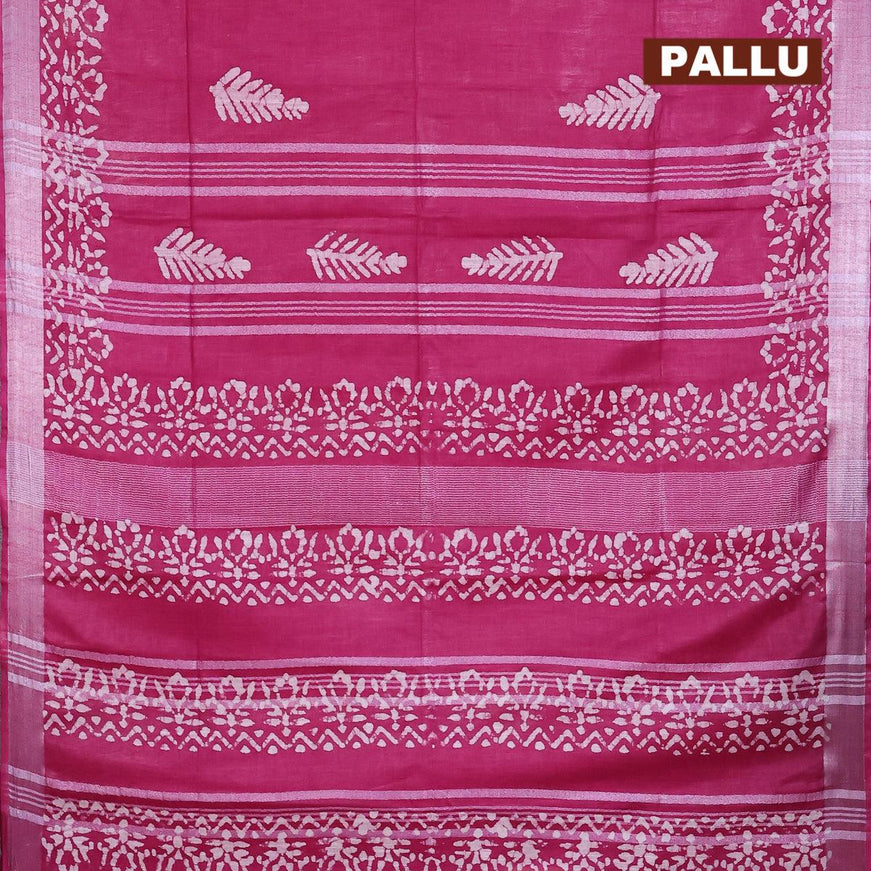 Linen cotton saree dark magenta with allover batik butta prints and silver zari woven border