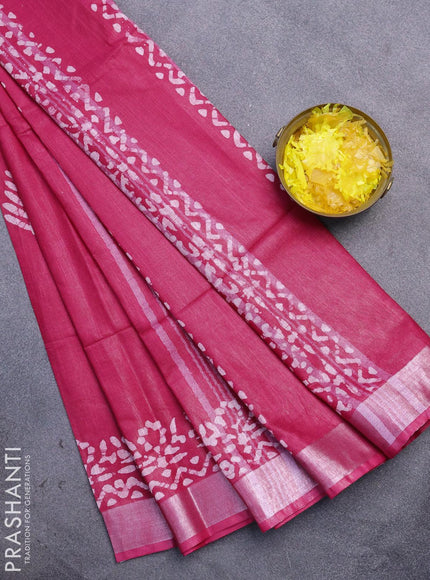 Linen cotton saree pink with allover batik butta prints and silver zari woven border