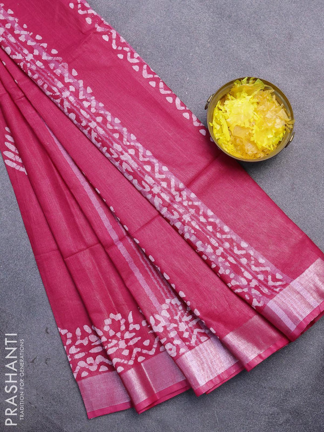 Linen cotton saree pink with allover batik butta prints and silver zari woven border