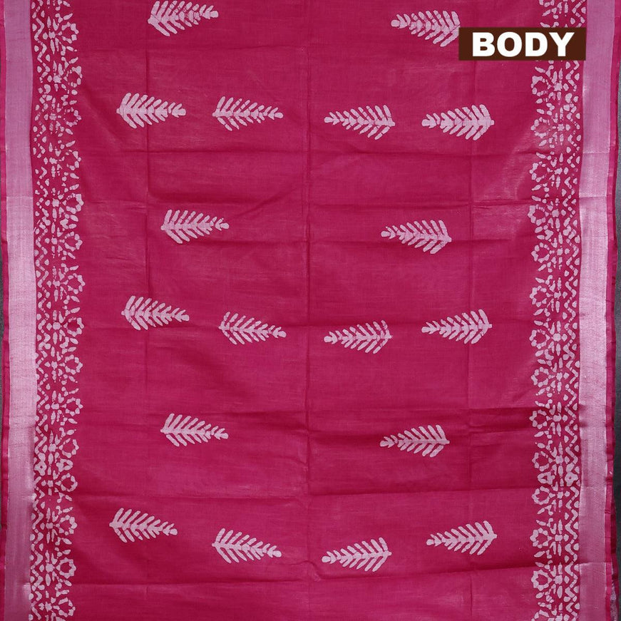 Linen cotton saree pink with allover batik butta prints and silver zari woven border