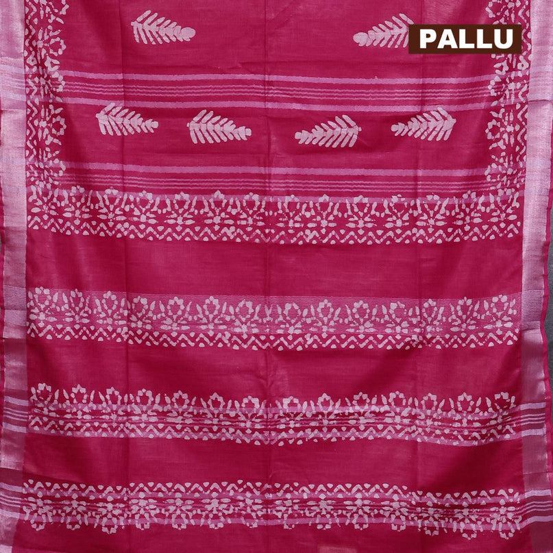 Linen cotton saree pink with allover batik butta prints and silver zari woven border