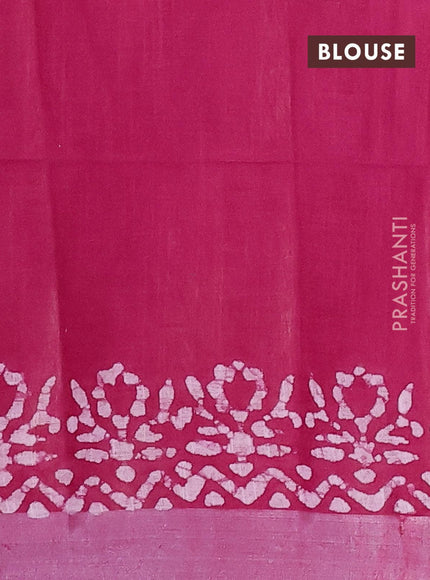 Linen cotton saree pink with allover batik butta prints and silver zari woven border