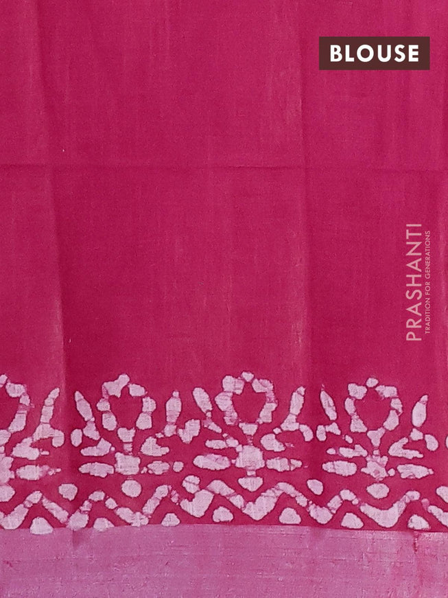 Linen cotton saree pink with allover batik butta prints and silver zari woven border