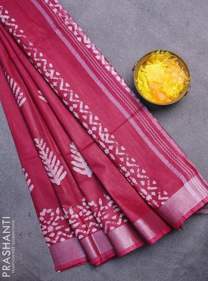 Linen cotton saree dark magenta with allover batik butta prints and silver zari woven border