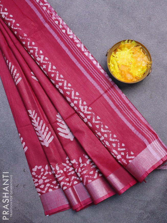 Linen cotton saree dark magenta with allover batik butta prints and silver zari woven border