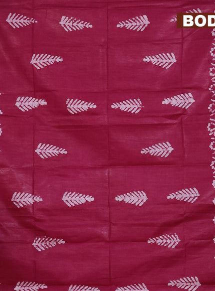 Linen cotton saree dark magenta with allover batik butta prints and silver zari woven border