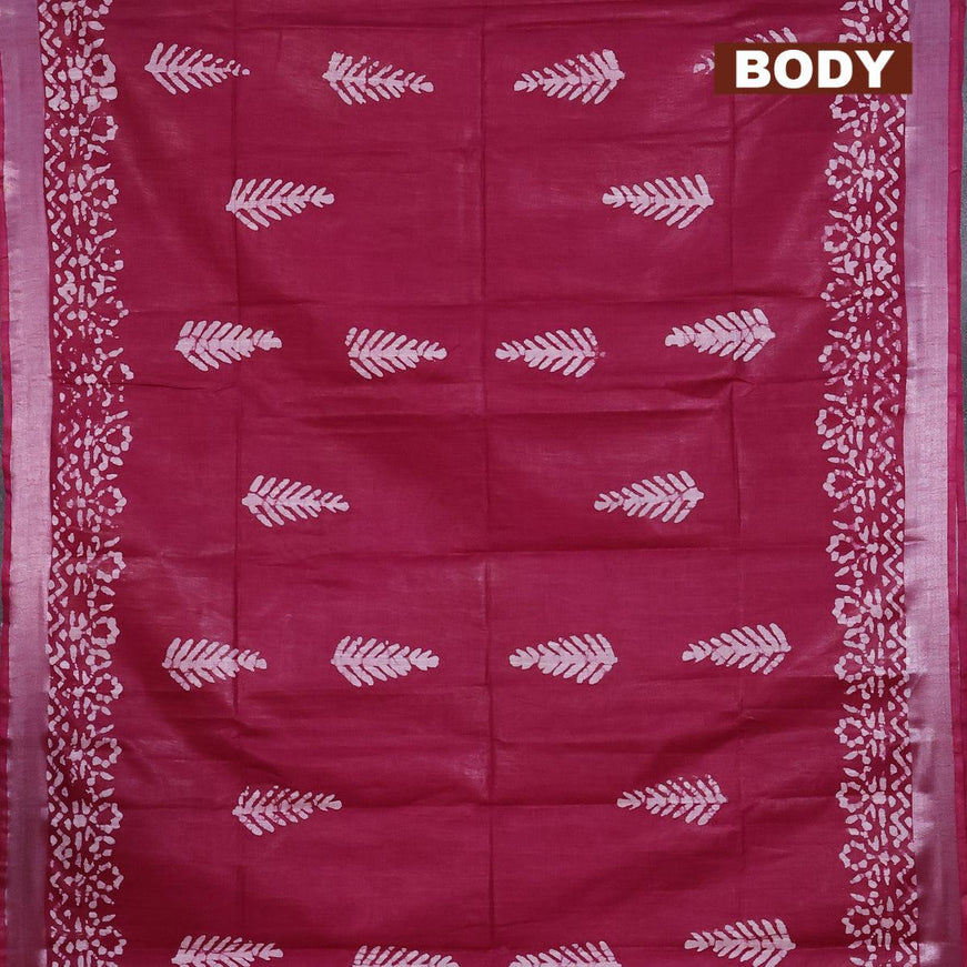 Linen cotton saree dark magenta with allover batik butta prints and silver zari woven border