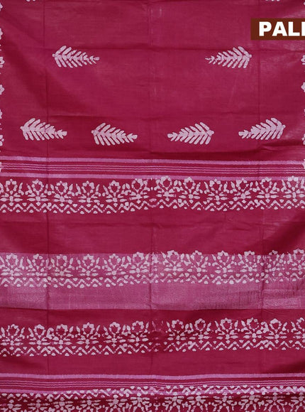 Linen cotton saree dark magenta with allover batik butta prints and silver zari woven border