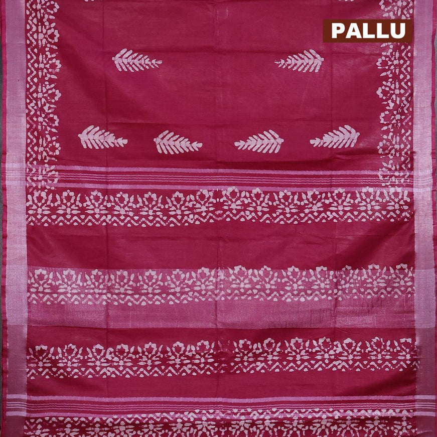 Linen cotton saree dark magenta with allover batik butta prints and silver zari woven border