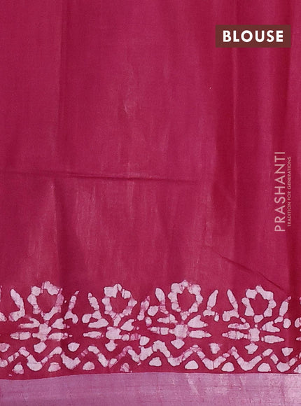 Linen cotton saree dark magenta with allover batik butta prints and silver zari woven border