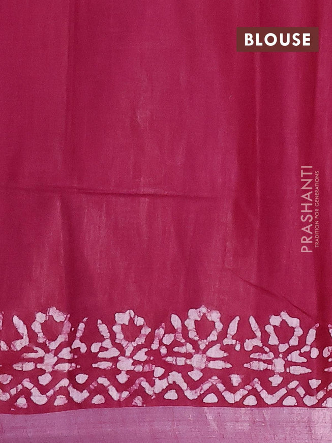 Linen cotton saree dark magenta with allover batik butta prints and silver zari woven border