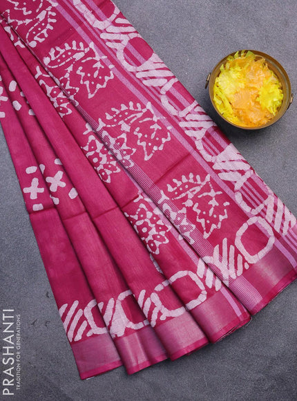 Linen cotton saree dark magenta with allover batik butta prints and silver zari woven border