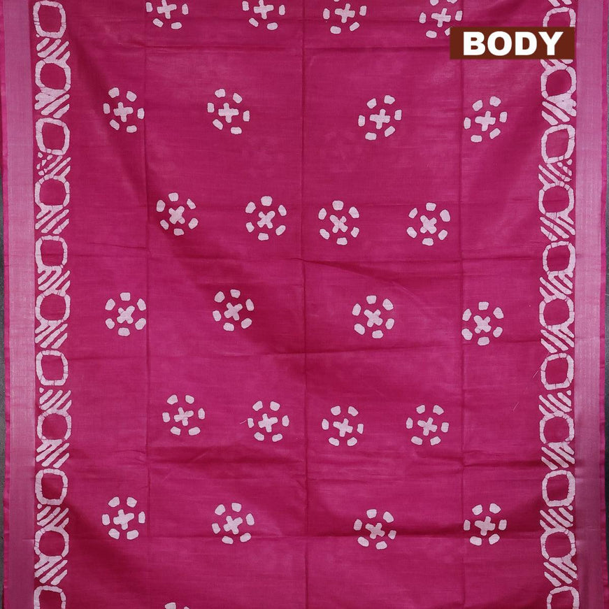 Linen cotton saree dark magenta with allover batik butta prints and silver zari woven border