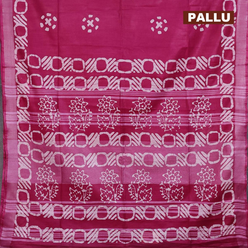 Linen cotton saree dark magenta with allover batik butta prints and silver zari woven border