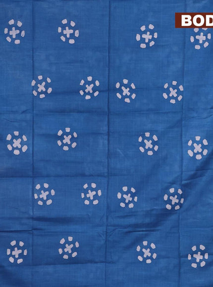 Linen cotton saree cs blue with allover batik butta prints and silver zari woven border