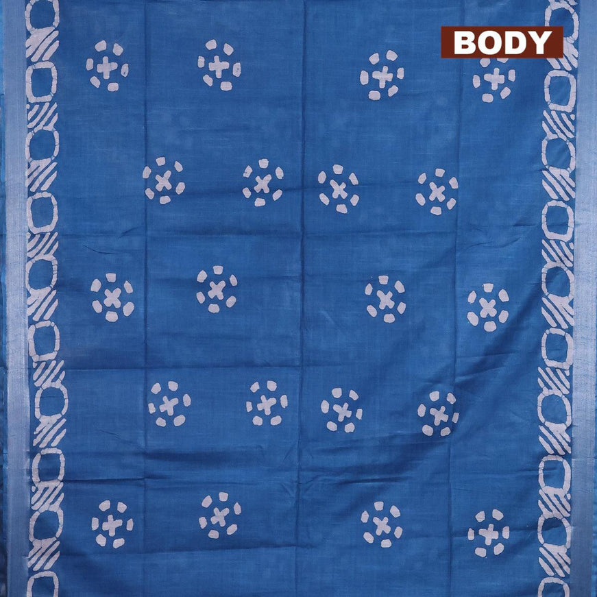 Linen cotton saree cs blue with allover batik butta prints and silver zari woven border