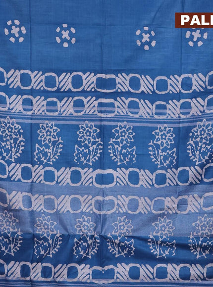 Linen cotton saree cs blue with allover batik butta prints and silver zari woven border