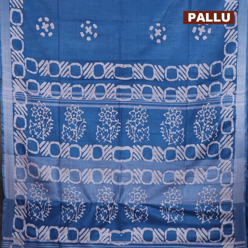 Linen cotton saree cs blue with allover batik butta prints and silver zari woven border