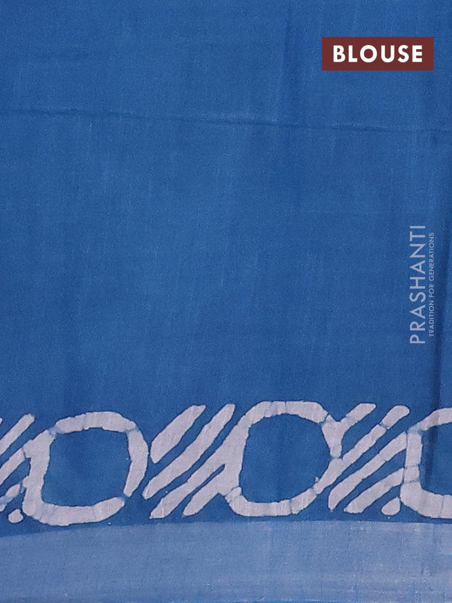 Linen cotton saree cs blue with allover batik butta prints and silver zari woven border