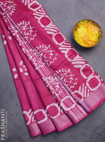 Linen cotton saree dark magenta with allover batik butta prints and silver zari woven border