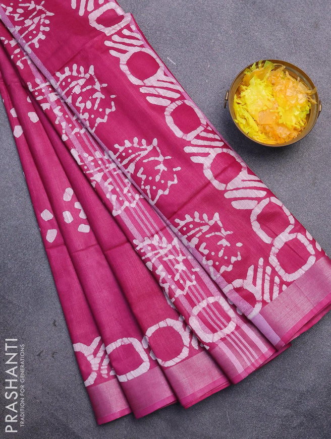 Linen cotton saree dark magenta with allover batik butta prints and silver zari woven border