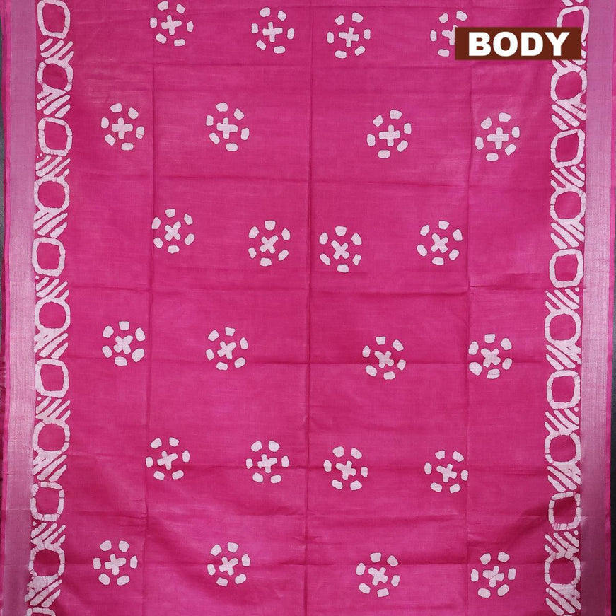 Linen cotton saree dark magenta with allover batik butta prints and silver zari woven border