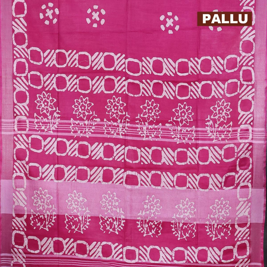 Linen cotton saree dark magenta with allover batik butta prints and silver zari woven border