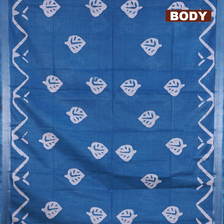 Linen cotton saree cs blue with allover batik butta prints and silver zari woven border