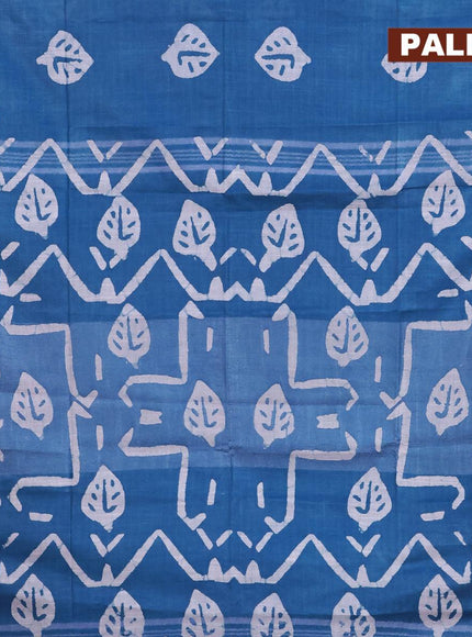 Linen cotton saree cs blue with allover batik butta prints and silver zari woven border