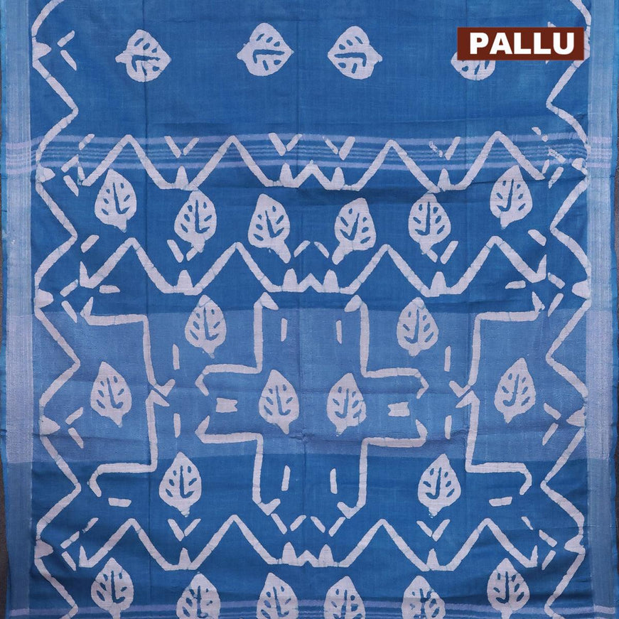 Linen cotton saree cs blue with allover batik butta prints and silver zari woven border