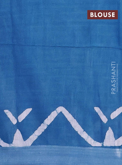 Linen cotton saree cs blue with allover batik butta prints and silver zari woven border