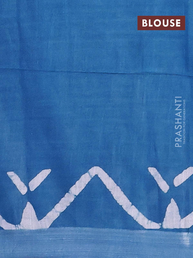 Linen cotton saree cs blue with allover batik butta prints and silver zari woven border