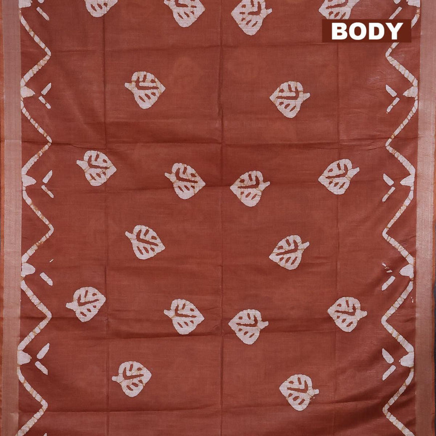 Linen cotton saree brown shade with allover batik butta prints and silver zari woven border