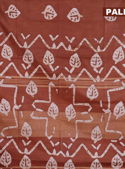 Linen cotton saree brown shade with allover batik butta prints and silver zari woven border