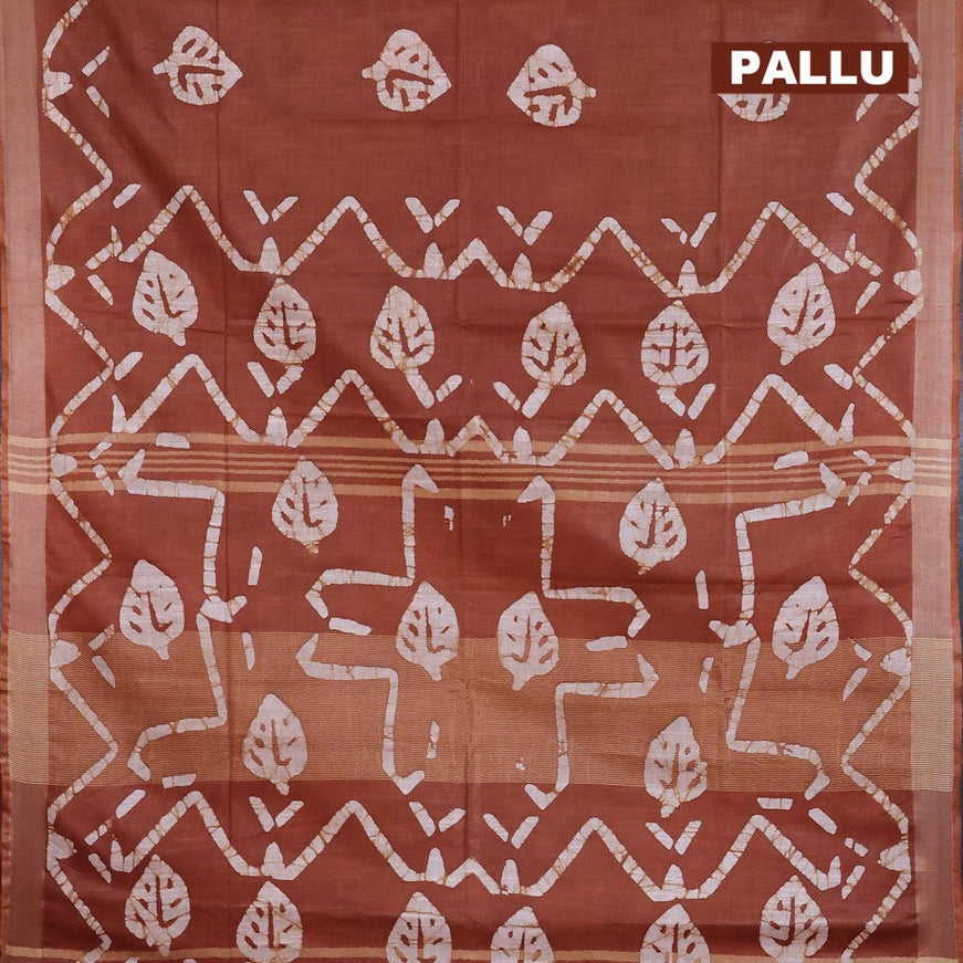 Linen cotton saree brown shade with allover batik butta prints and silver zari woven border