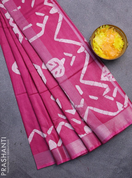 Linen cotton saree dark magenta with allover batik butta prints and silver zari woven border