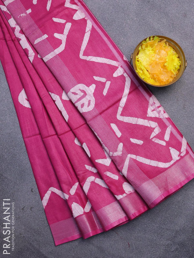 Linen cotton saree dark magenta with allover batik butta prints and silver zari woven border