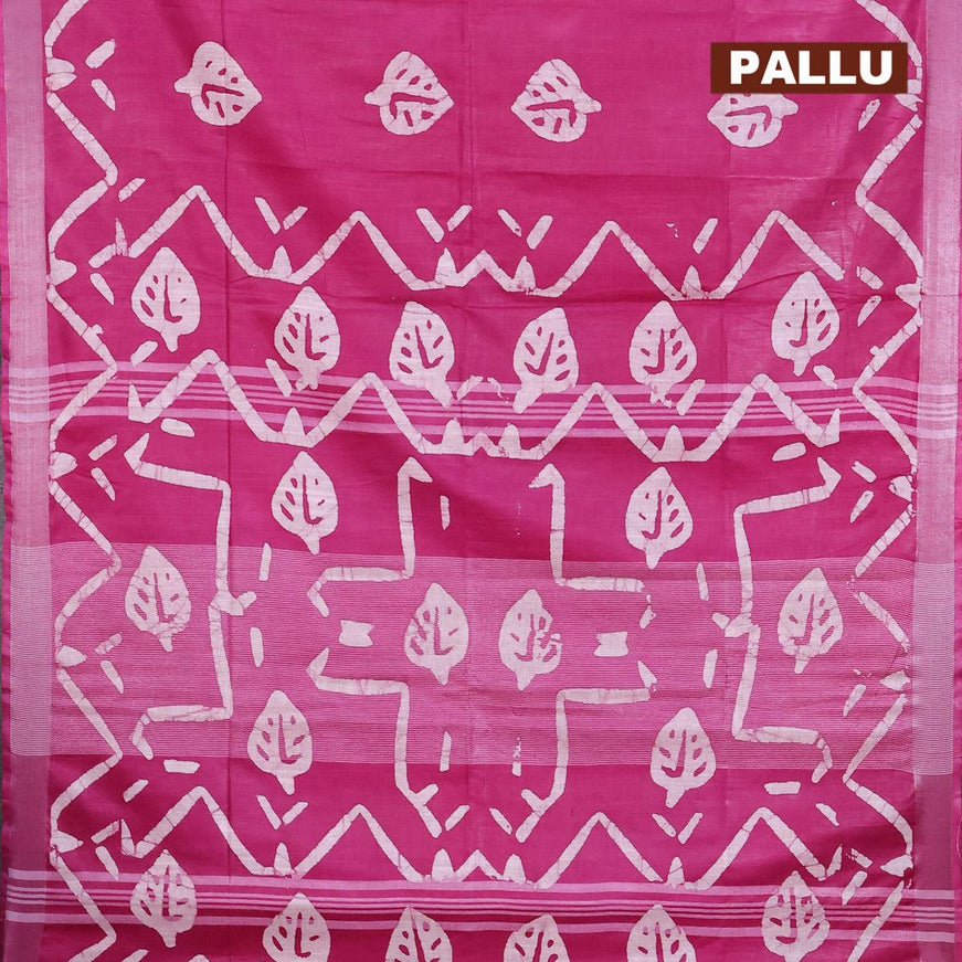 Linen cotton saree dark magenta with allover batik butta prints and silver zari woven border