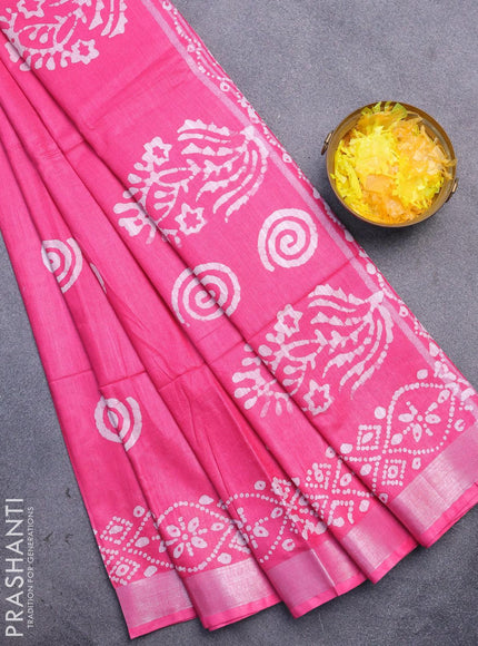 Linen cotton saree pink with allover batik butta prints and silver zari woven border