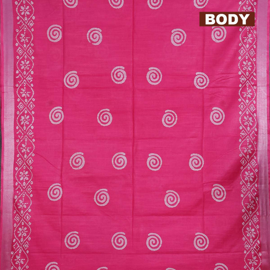 Linen cotton saree pink with allover batik butta prints and silver zari woven border