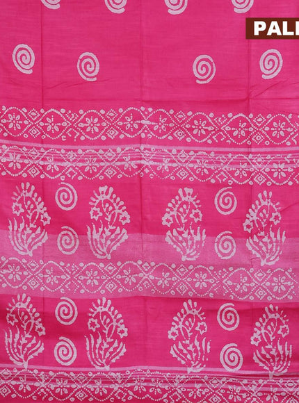 Linen cotton saree pink with allover batik butta prints and silver zari woven border